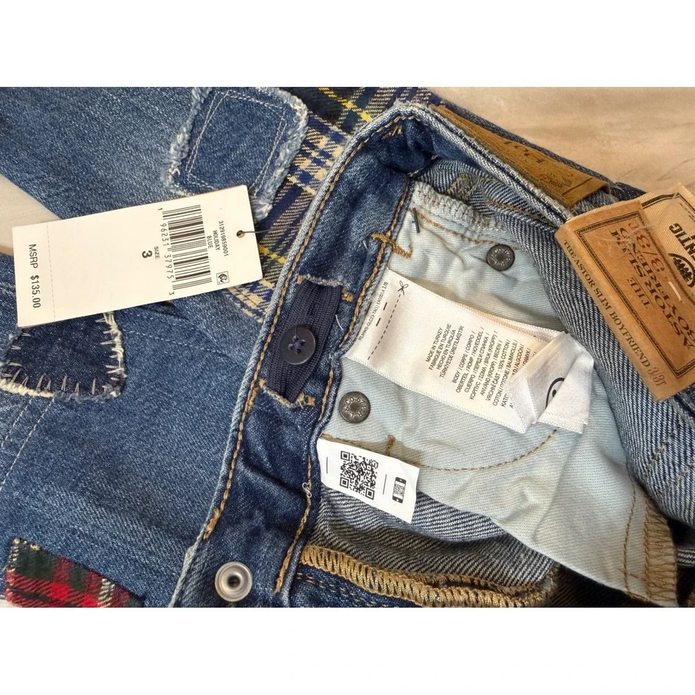 Polo Ralph Lauren Kids Patchwork Astor Slim Boyfriend Jeans Blue Plaid 3T NWT
